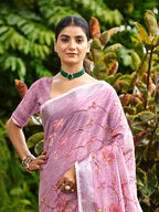 Sangam Prints Onion Pink Linen Woven Work Traditional Saree | Grocsy