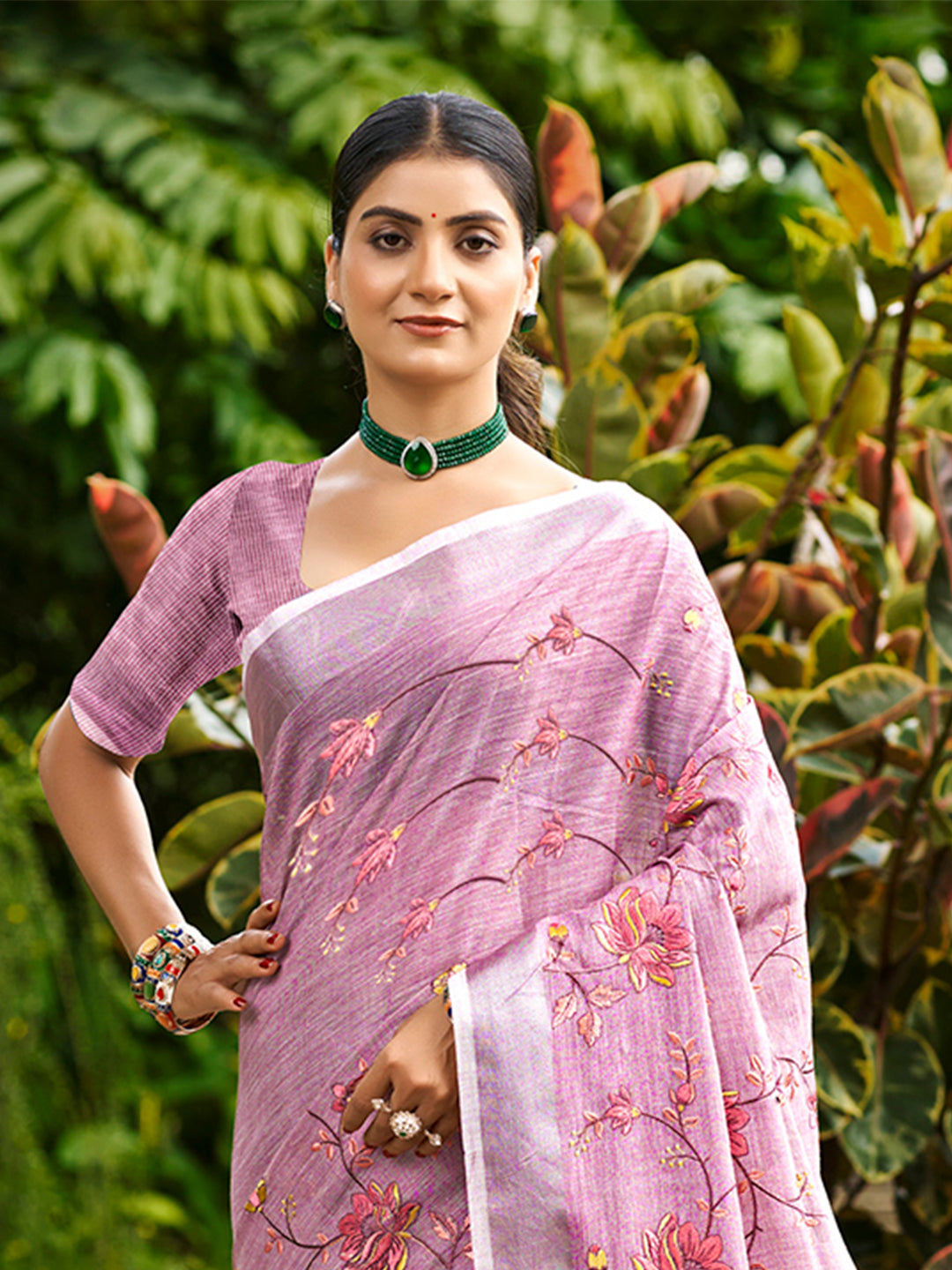 Sangam Prints Onion Pink Linen Woven Work Traditional Saree | Grocsy