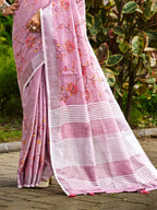 Sangam Prints Onion Pink Linen Woven Work Traditional Saree | Grocsy