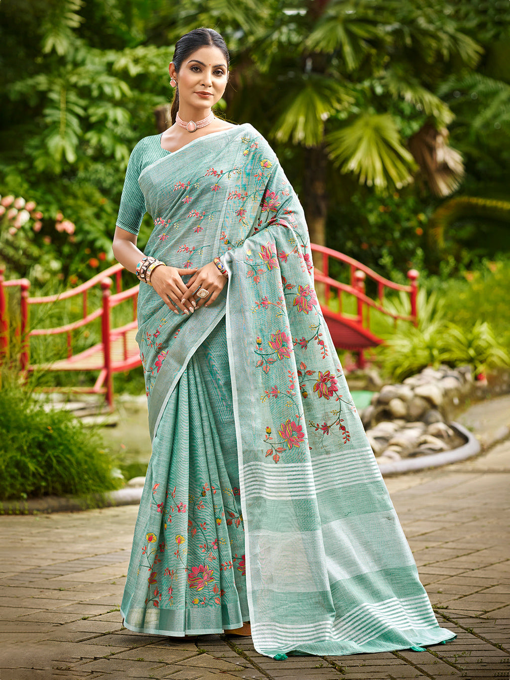 Sangam Prints Sky Blue Linen Woven Work Traditional Saree | Grocsy
