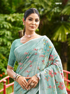 Sangam Prints Sky Blue Linen Woven Work Traditional Saree | Grocsy