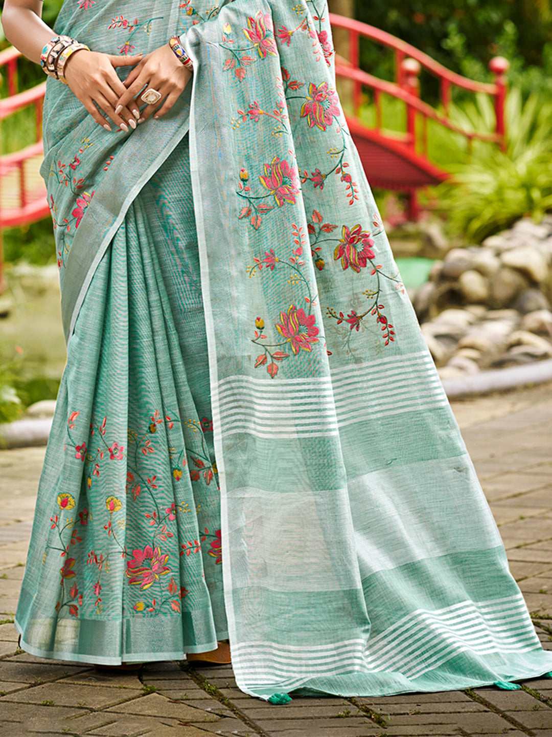 Sangam Prints Sky Blue Linen Woven Work Traditional Saree | Grocsy
