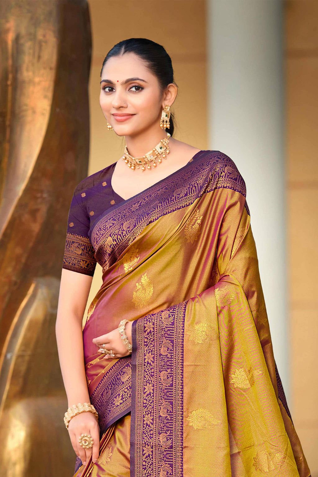 Sangam Prints Golden Soft Silk Woven Work Traditional Saree | Grocsy