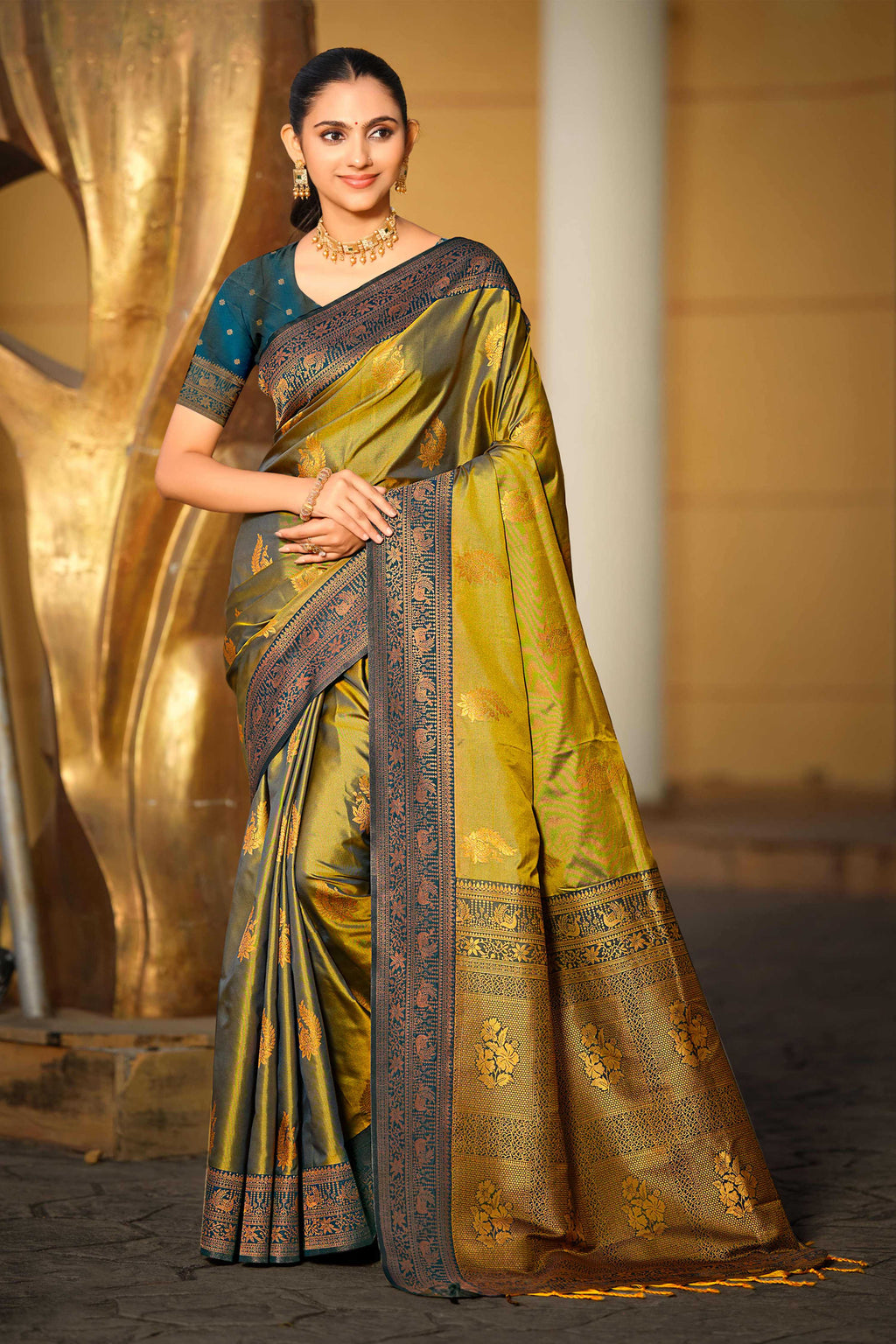 Sangam Prints Olive Green Soft Silk Woven Work Traditional Saree | Grocsy