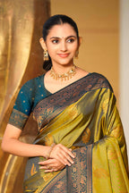 Sangam Prints Olive Green Soft Silk Woven Work Traditional Saree | Grocsy