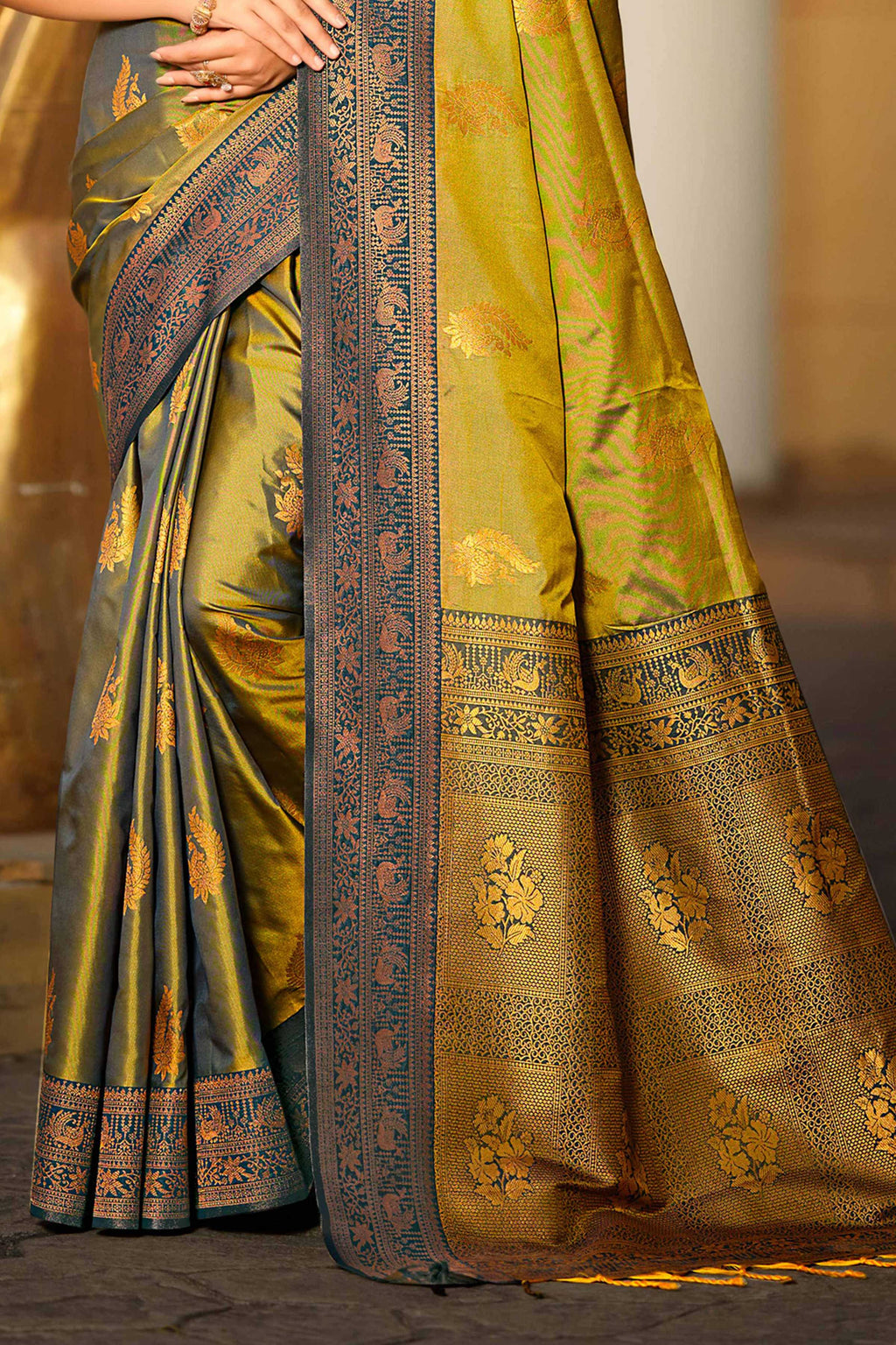 Sangam Prints Olive Green Soft Silk Woven Work Traditional Saree | Grocsy