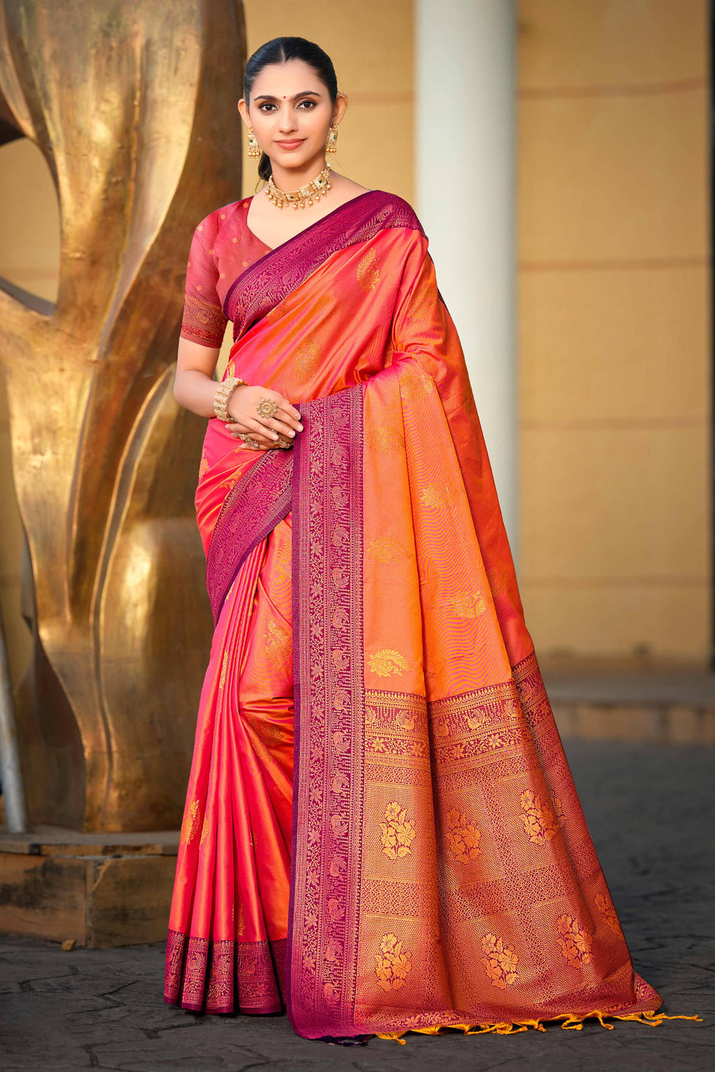 Sangam Prints Rani Pink Soft Silk Woven Work Traditional Saree | Grocsy
