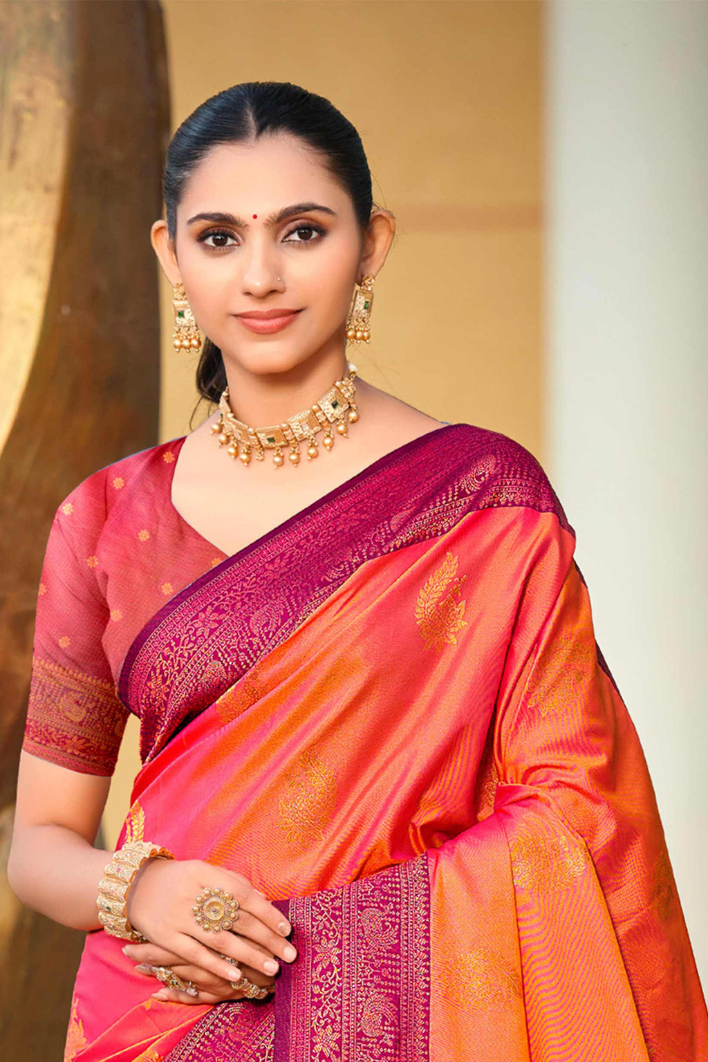 Sangam Prints Rani Pink Soft Silk Woven Work Traditional Saree | Grocsy