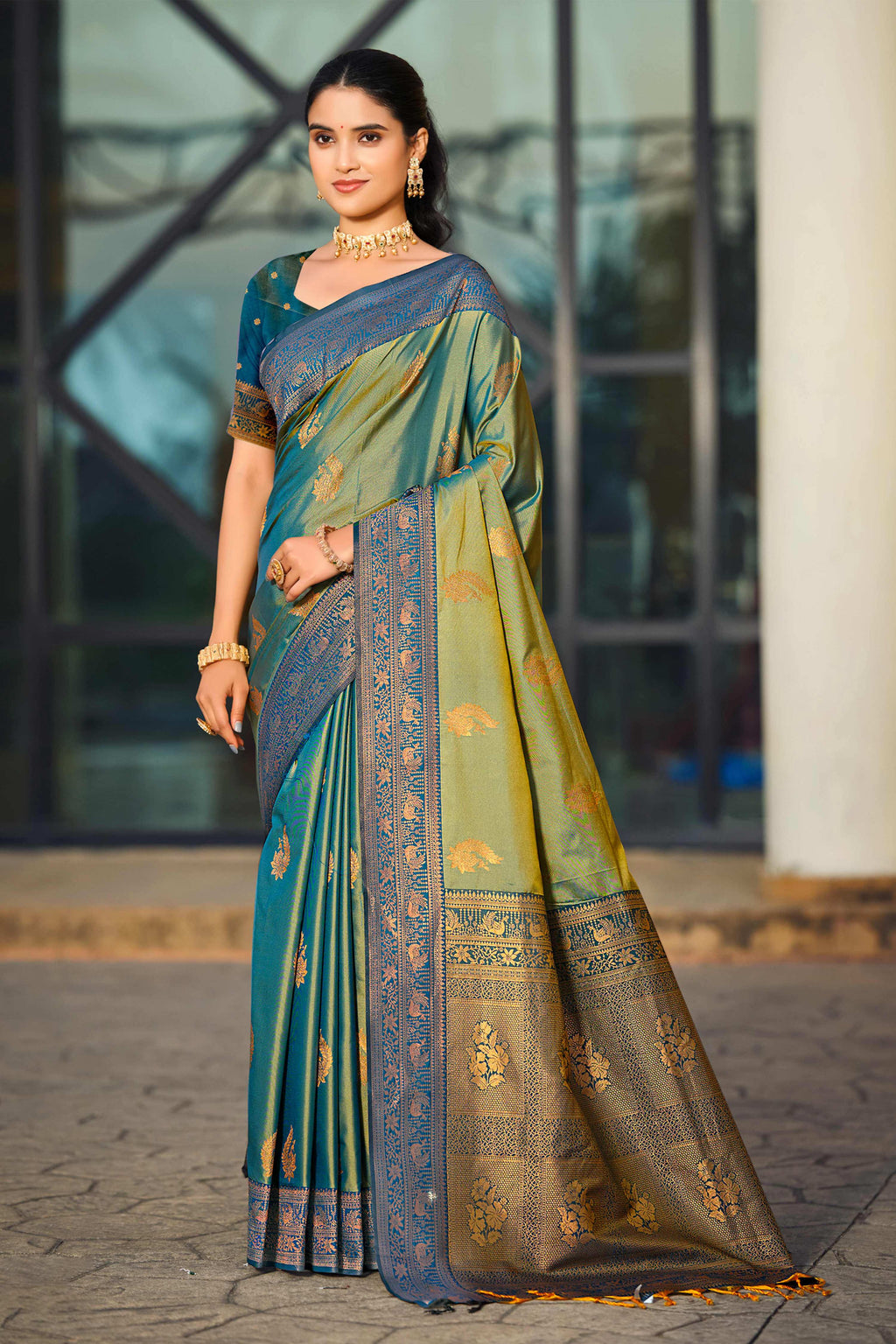 Sangam Prints Sea Green Soft Silk Woven Work Traditional Saree | Grocsy