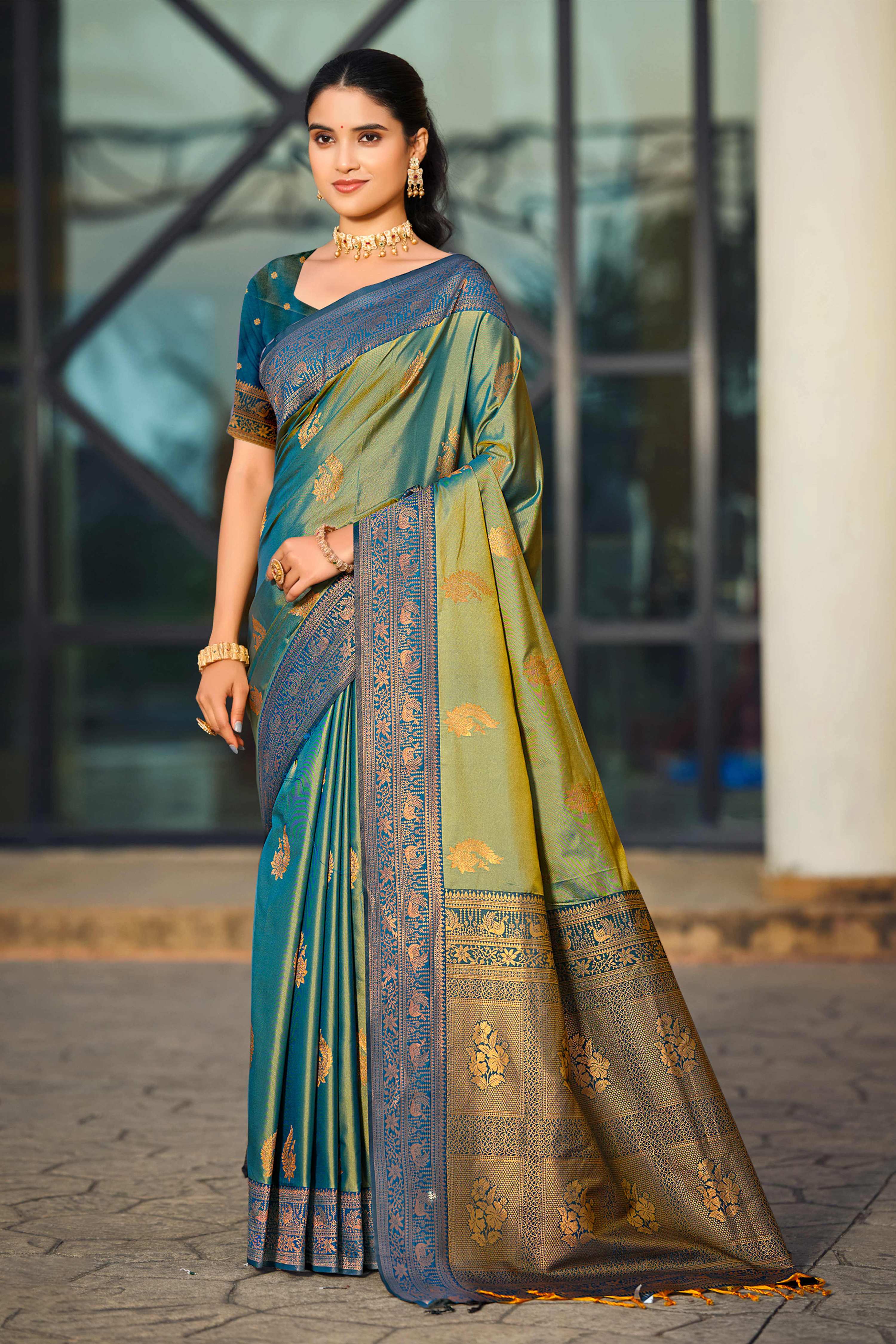 Sangam Prints Sea Green Soft Silk Woven Work Traditional Saree | Grocsy