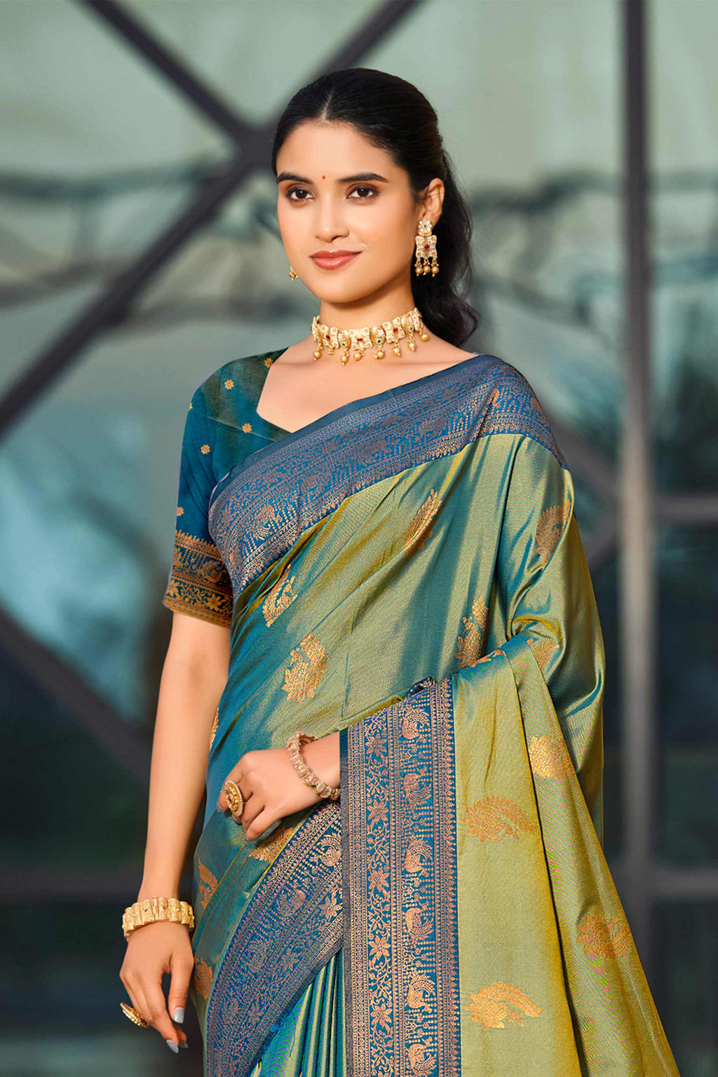 Sangam Prints Sea Green Soft Silk Woven Work Traditional Saree | Grocsy