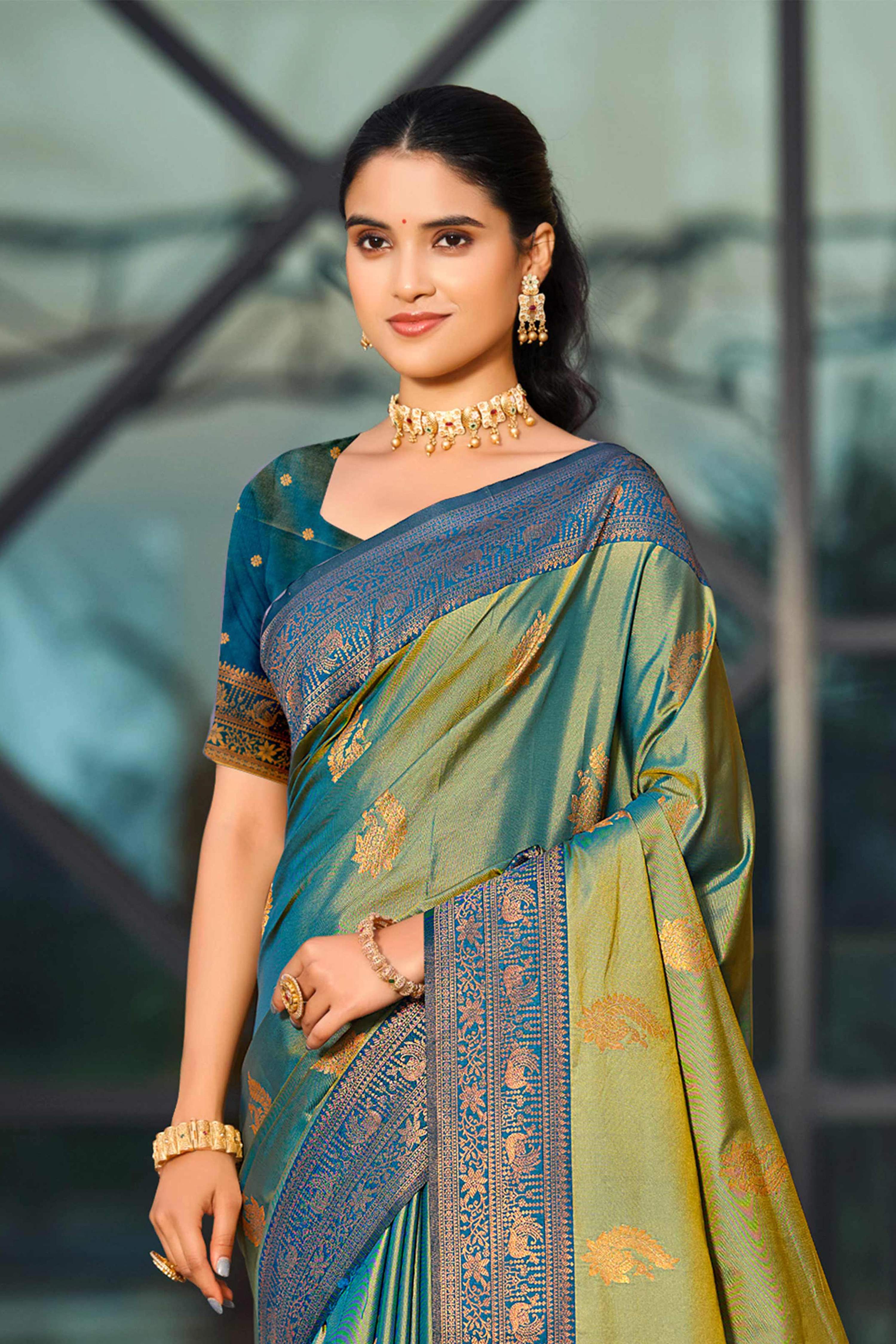 Sangam Prints Sea Green Soft Silk Woven Work Traditional Saree | Grocsy