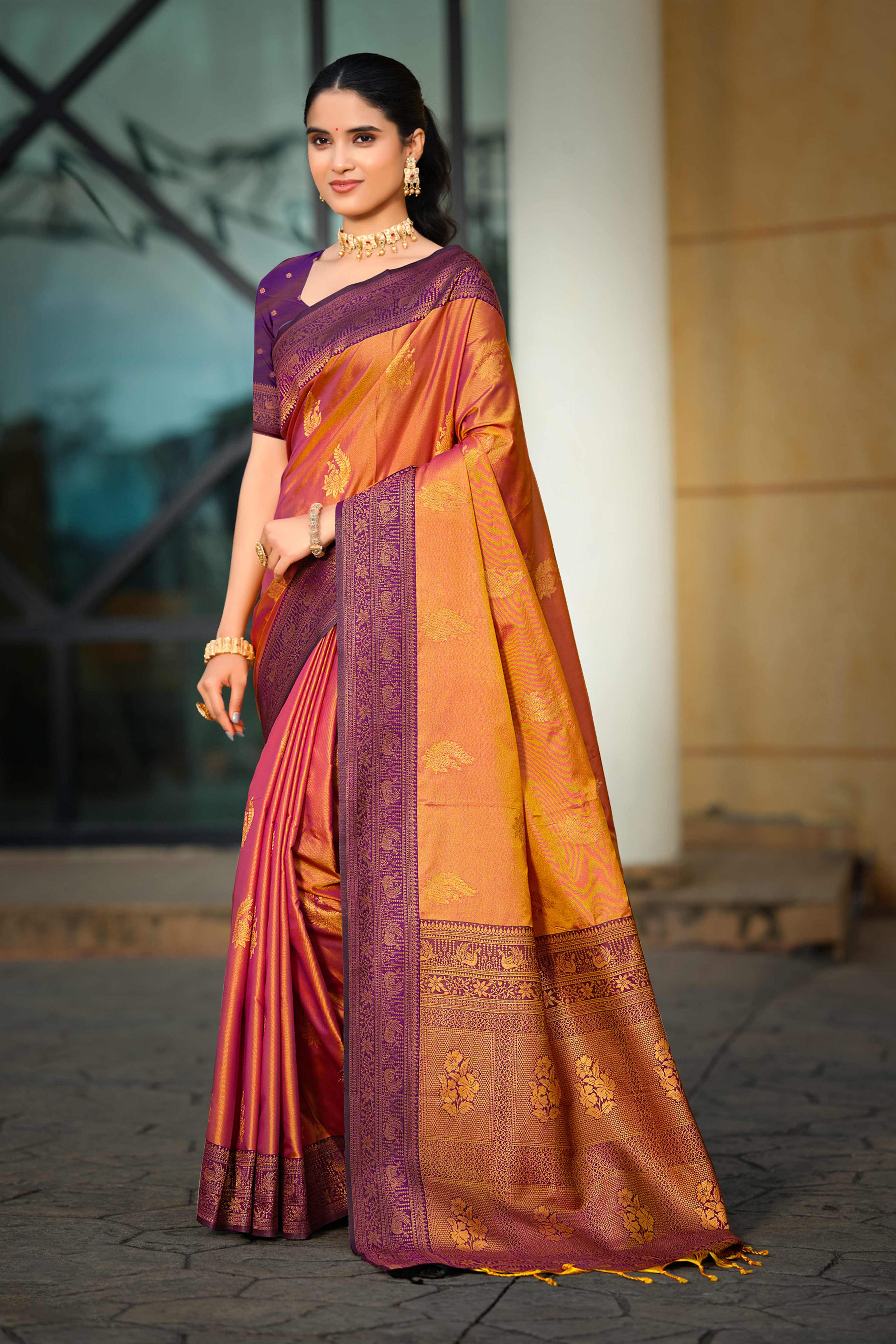 Sangam Prints Copper Gold Soft Silk Woven Work Traditional Saree | Grocsy