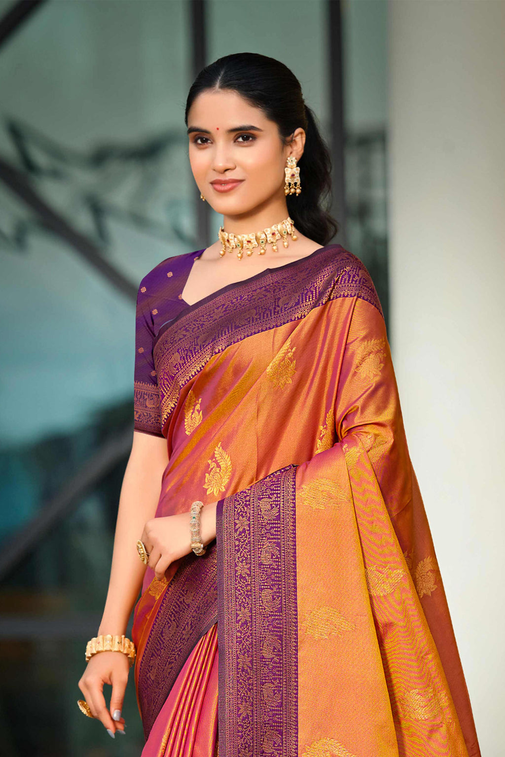 Sangam Prints Copper Gold Soft Silk Woven Work Traditional Saree | Grocsy