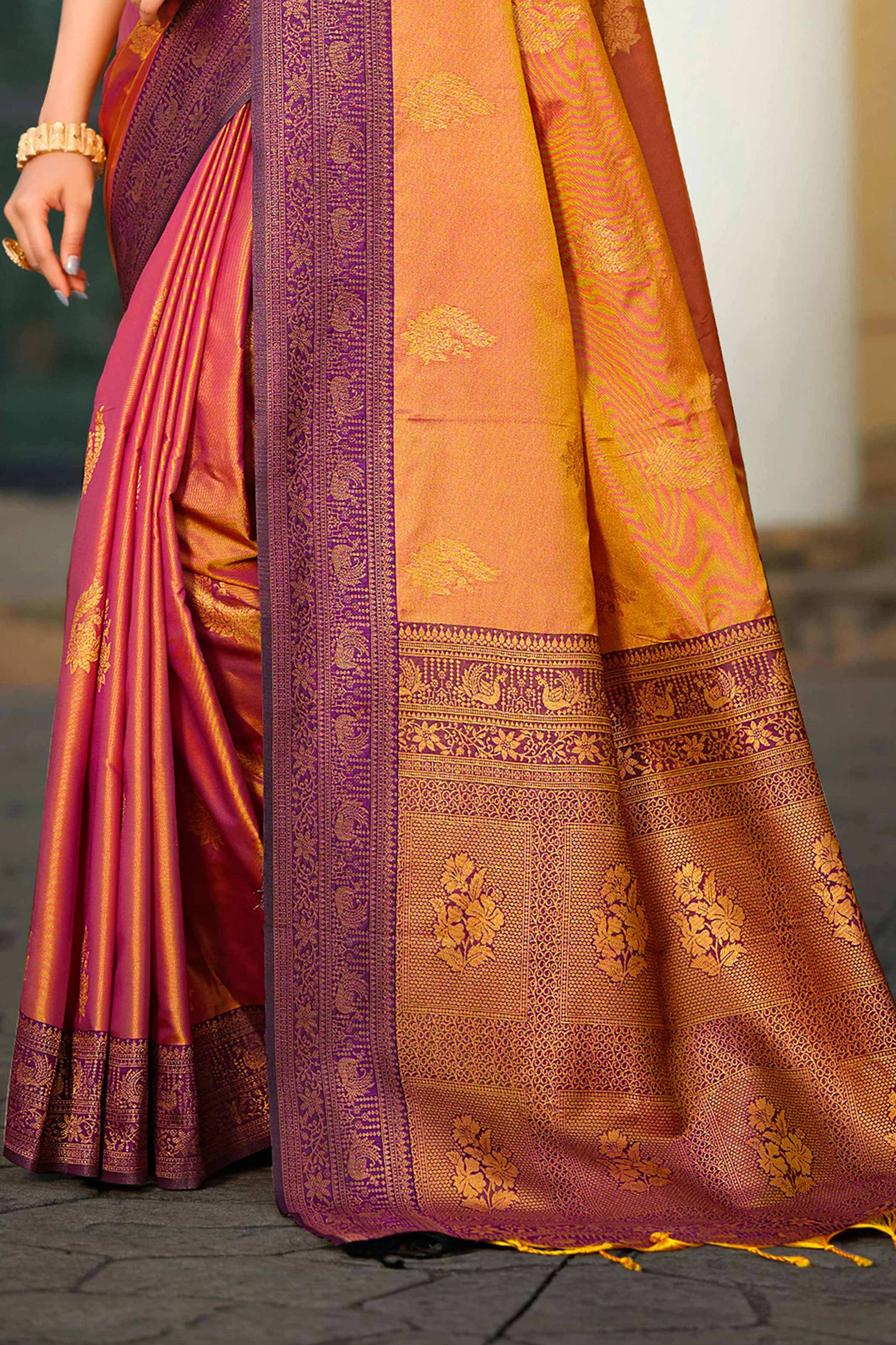 Sangam Prints Copper Gold Soft Silk Woven Work Traditional Saree | Grocsy