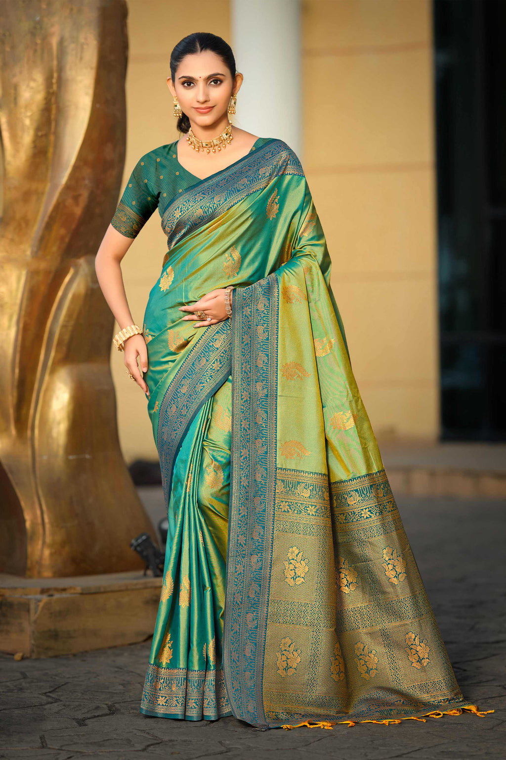 Sangam Prints Sea Green Soft Silk Woven Work Traditional Saree | Grocsy