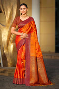 Sangam Prints Bright Orange Soft Silk Woven Work Traditional Saree | Grocsy
