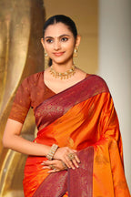 Sangam Prints Bright Orange Soft Silk Woven Work Traditional Saree | Grocsy