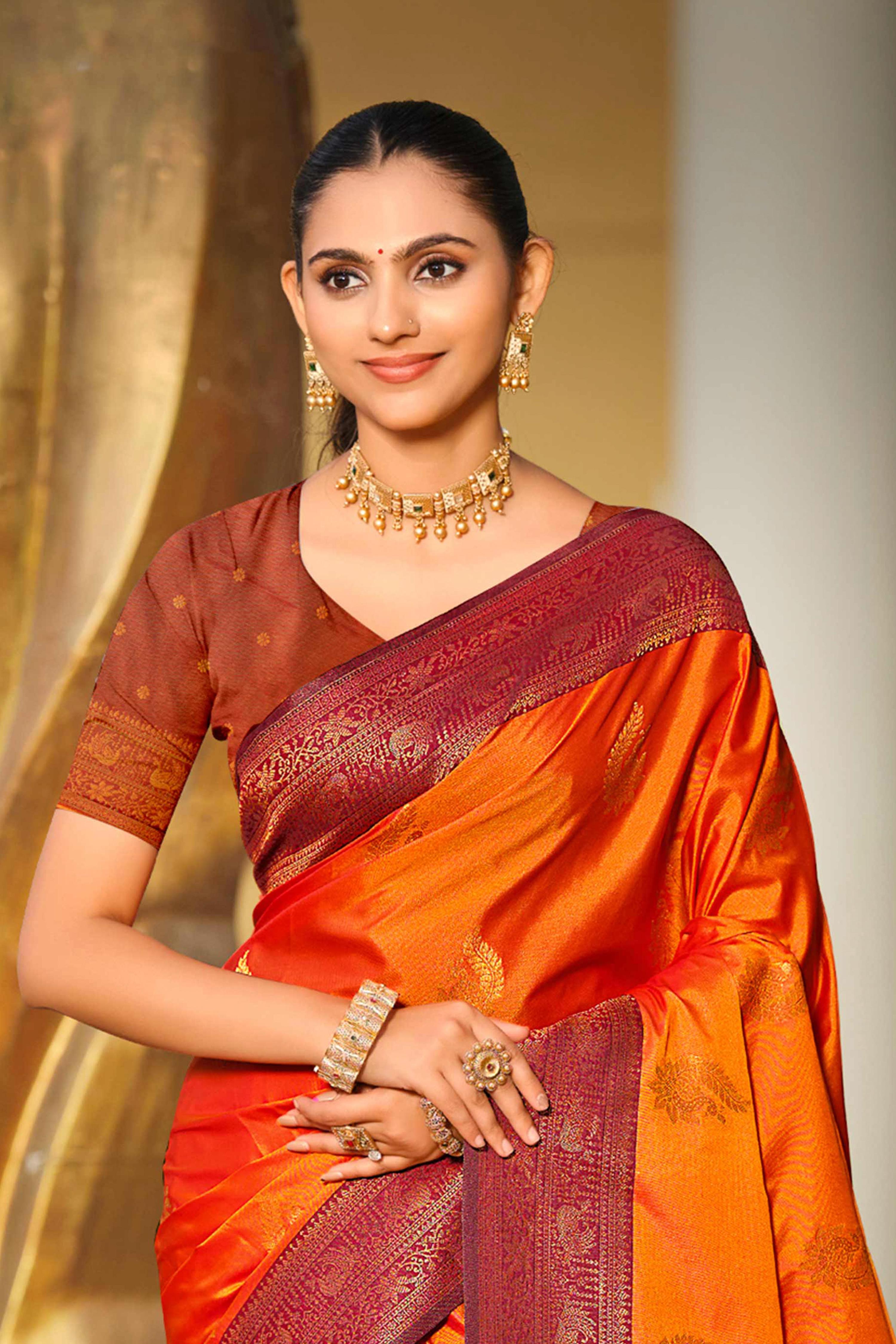 Sangam Prints Bright Orange Soft Silk Woven Work Traditional Saree | Grocsy