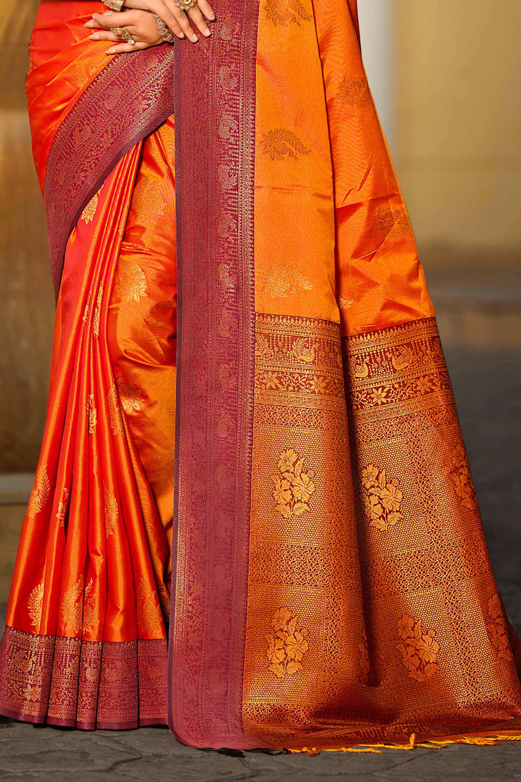 Sangam Prints Bright Orange Soft Silk Woven Work Traditional Saree | Grocsy