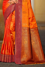 Sangam Prints Bright Orange Soft Silk Woven Work Traditional Saree | Grocsy