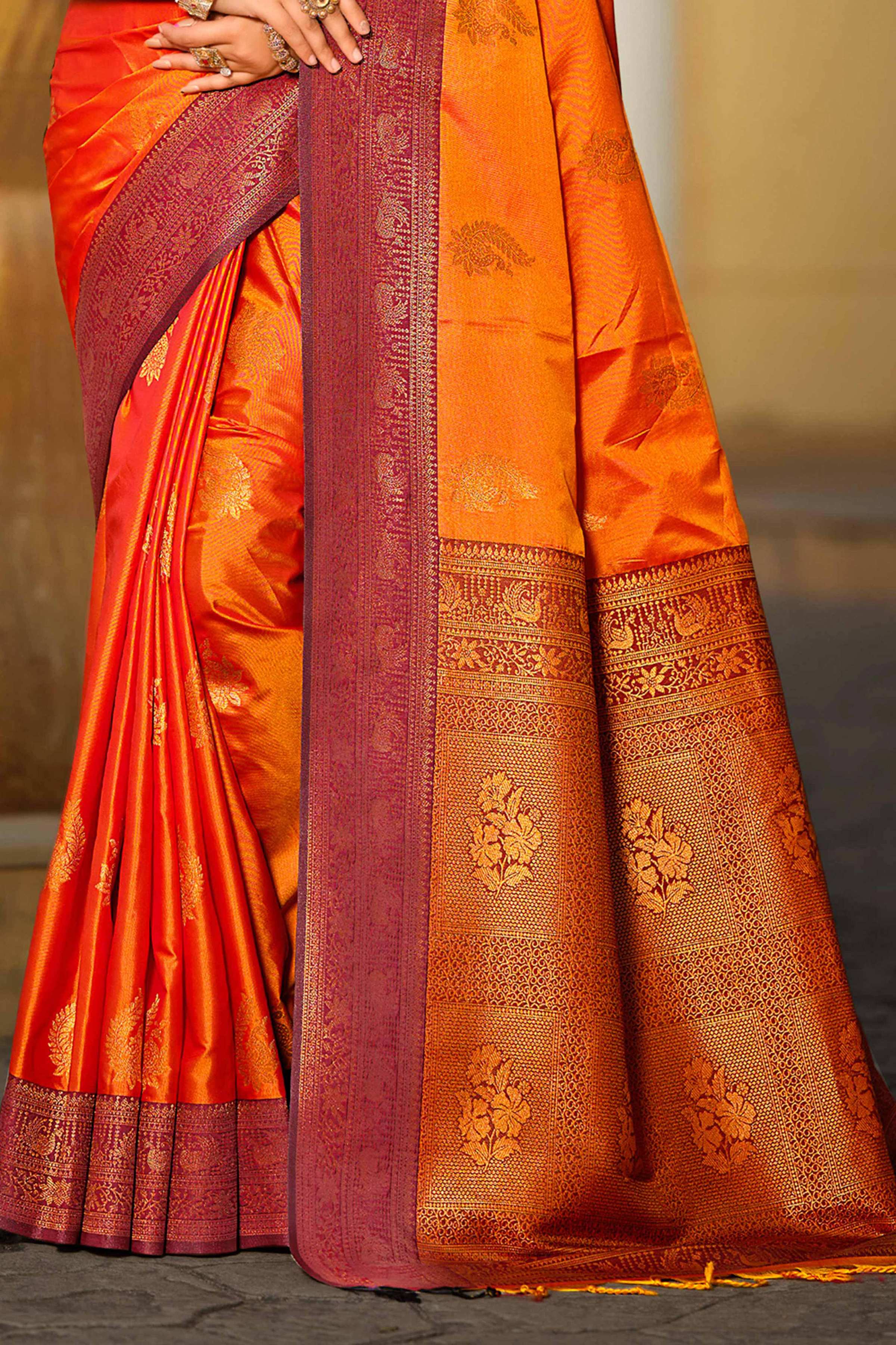 Sangam Prints Bright Orange Soft Silk Woven Work Traditional Saree | Grocsy