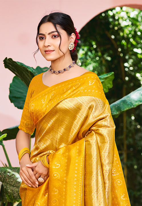 Sangam Prints Yellow Kanjivaram Silk Woven Work Traditional Saree | Grocsy