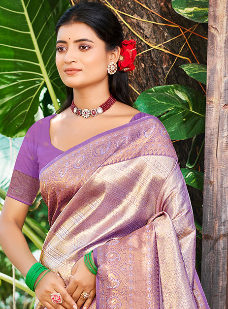 Sangam Prints Lavender  Kanjivaram Silk Woven Work Traditional Saree | Grocsy