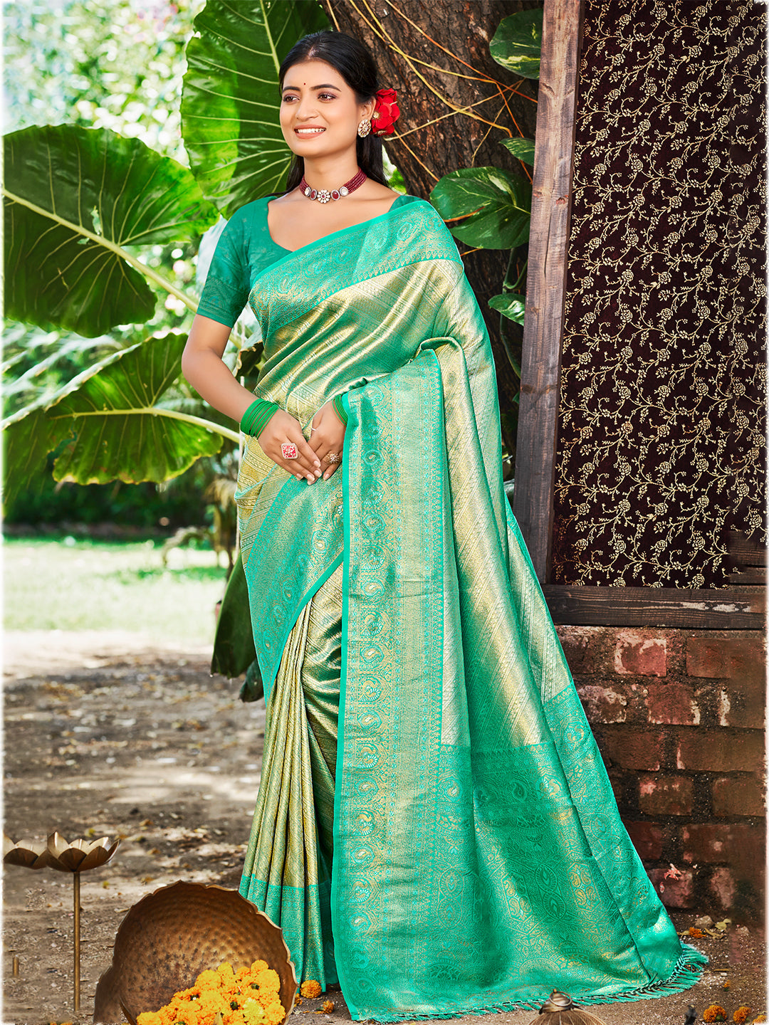 Sangam Prints Sea Green Kanjivaram Silk Woven Work Traditional Saree | Grocsy