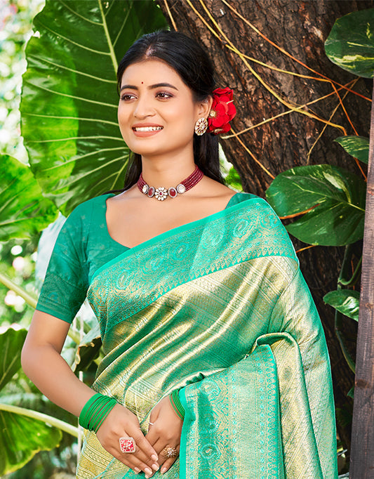 Sangam Prints Sea Green Kanjivaram Silk Woven Work Traditional Saree | Grocsy