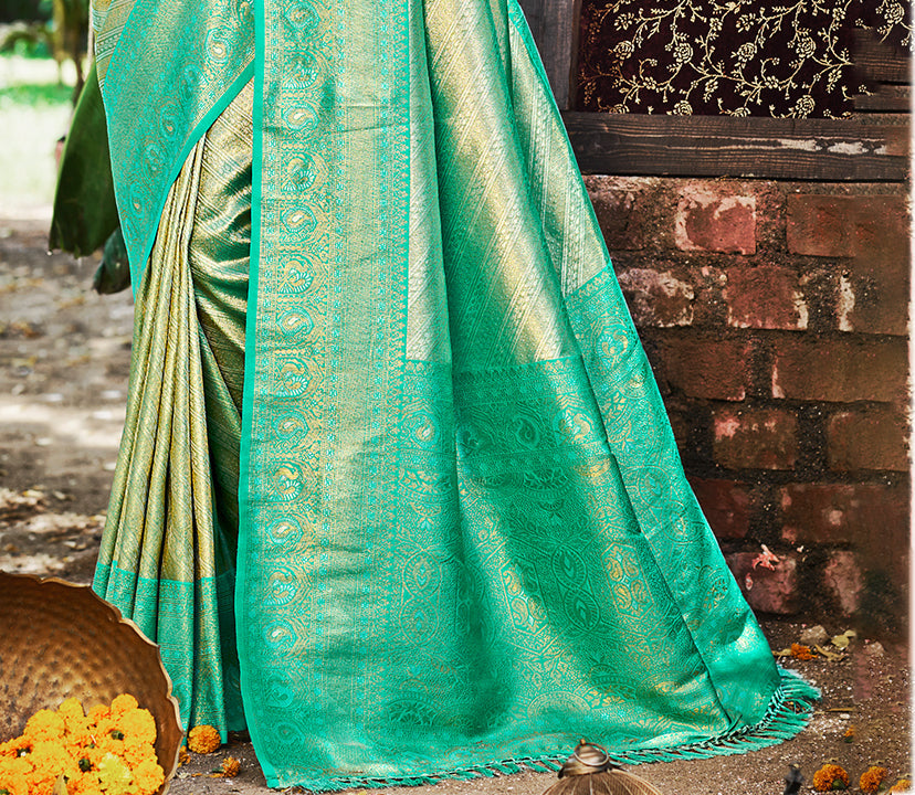 Sangam Prints Sea Green Kanjivaram Silk Woven Work Traditional Saree | Grocsy