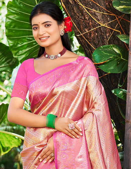 Sangam Prints Rani Pink Kanjivaram Silk Woven Work Traditional Saree | Grocsy