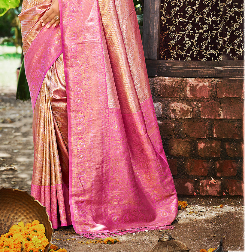 Sangam Prints Rani Pink Kanjivaram Silk Woven Work Traditional Saree | Grocsy