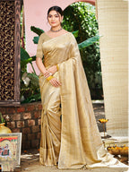 Sangam Prints Beige Kanjivaram Silk Woven Work Traditional Saree | Grocsy