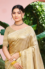 Sangam Prints Beige Kanjivaram Silk Woven Work Traditional Saree | Grocsy