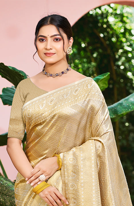 Sangam Prints Beige Kanjivaram Silk Woven Work Traditional Saree | Grocsy