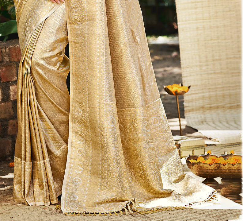 Sangam Prints Beige Kanjivaram Silk Woven Work Traditional Saree | Grocsy