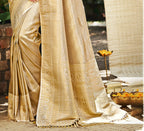 Sangam Prints Beige Kanjivaram Silk Woven Work Traditional Saree | Grocsy