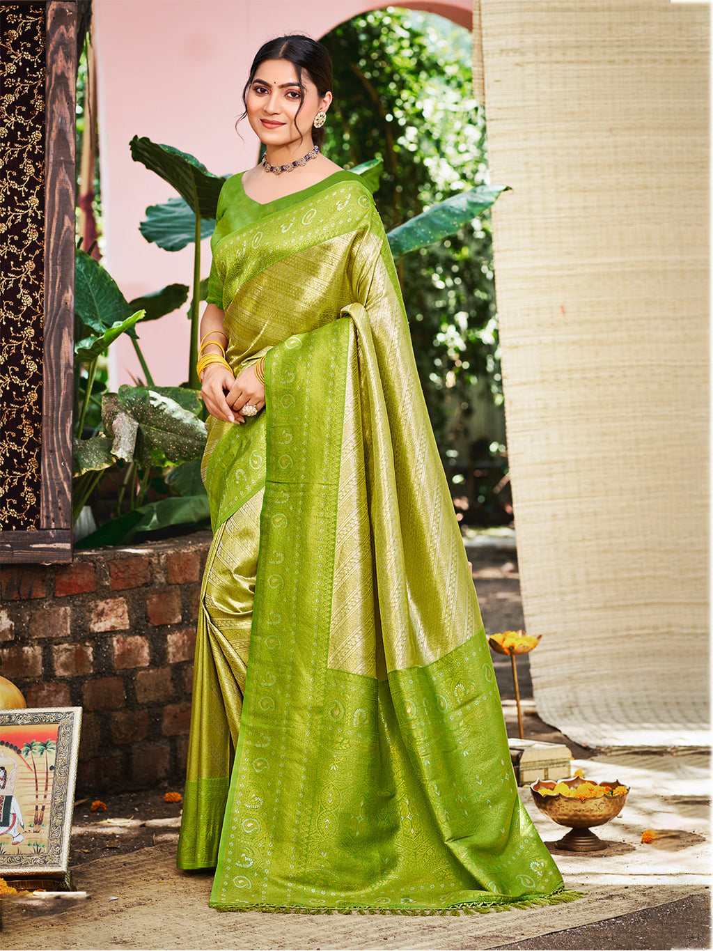Sangam Prints Green And Gold Kanjivaram Silk Woven Work Traditional Saree | Grocsy