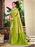 Sangam Prints Green And Gold Kanjivaram Silk Woven Work Traditional Saree | Grocsy