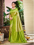 Sangam Prints Green And Gold Kanjivaram Silk Woven Work Traditional Saree | Grocsy