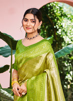 Sangam Prints Green And Gold Kanjivaram Silk Woven Work Traditional Saree | Grocsy