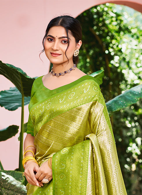 Sangam Prints Green And Gold Kanjivaram Silk Woven Work Traditional Saree | Grocsy