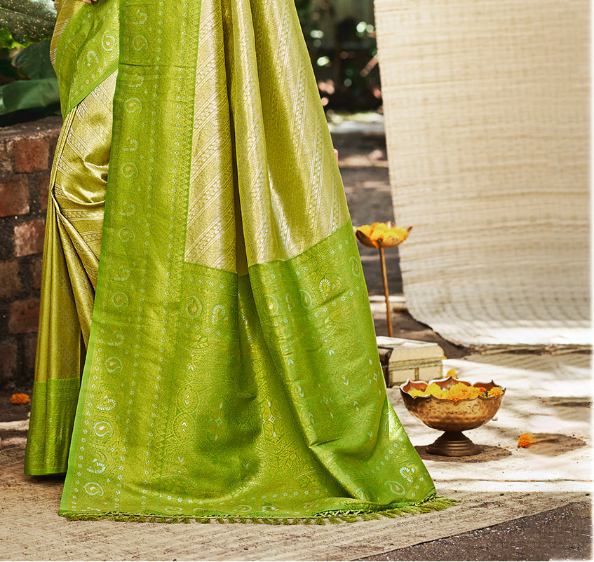 Sangam Prints Green And Gold Kanjivaram Silk Woven Work Traditional Saree | Grocsy