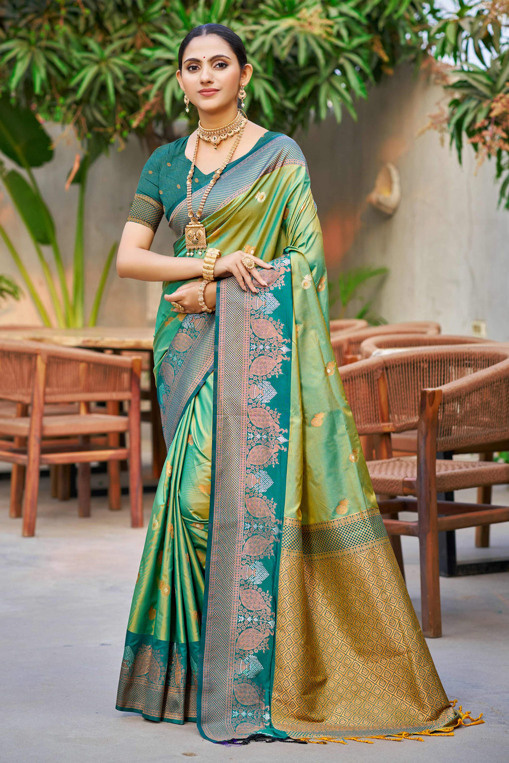 Sangam Prints Parrot Green Soft Silk Woven Work Traditional Saree | Grocsy