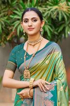 Sangam Prints Parrot Green Soft Silk Woven Work Traditional Saree | Grocsy
