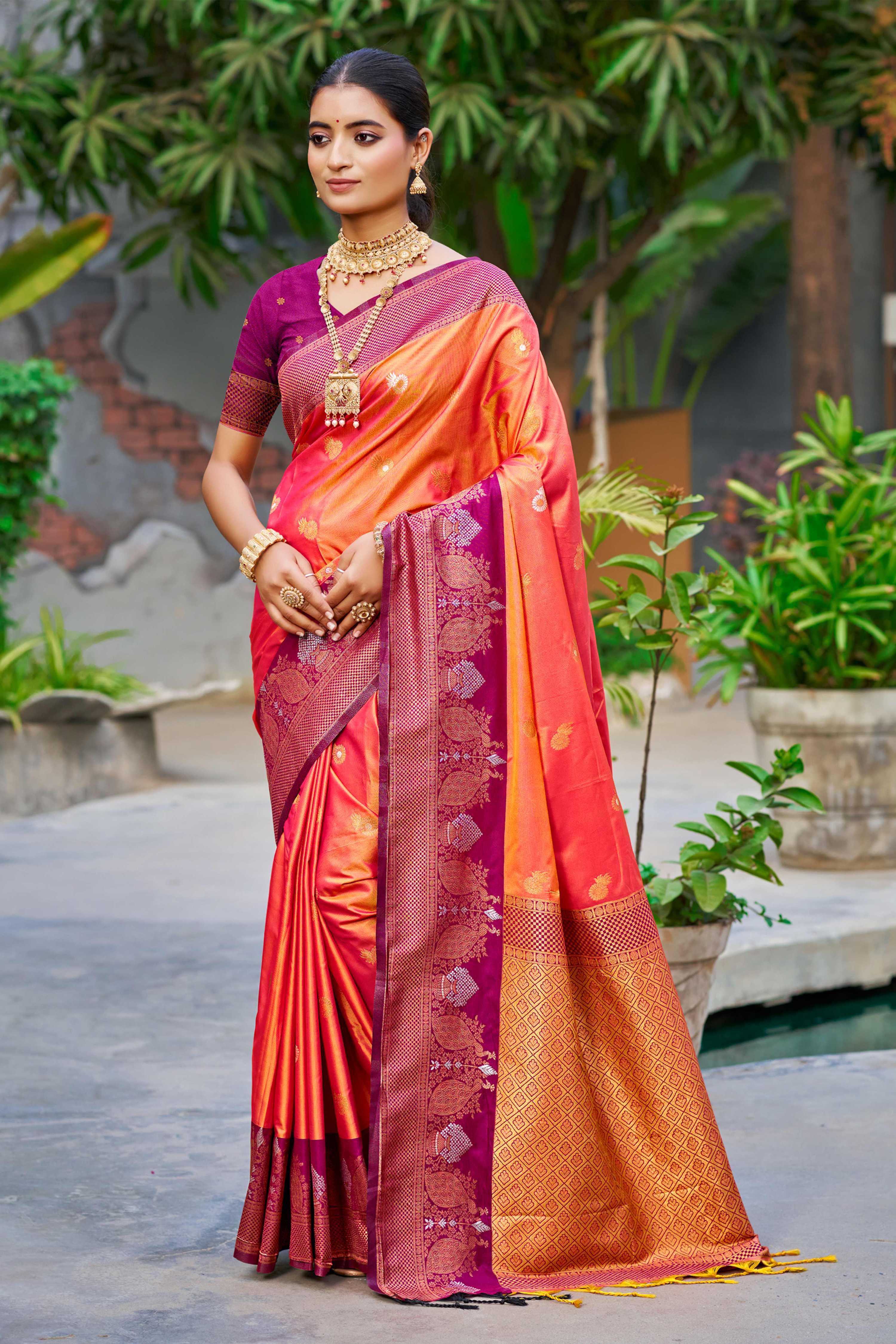 Sangam Prints Coral Orange Soft Silk Woven Work Traditional Saree | Grocsy