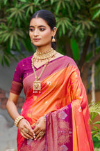 Sangam Prints Coral Orange Soft Silk Woven Work Traditional Saree | Grocsy