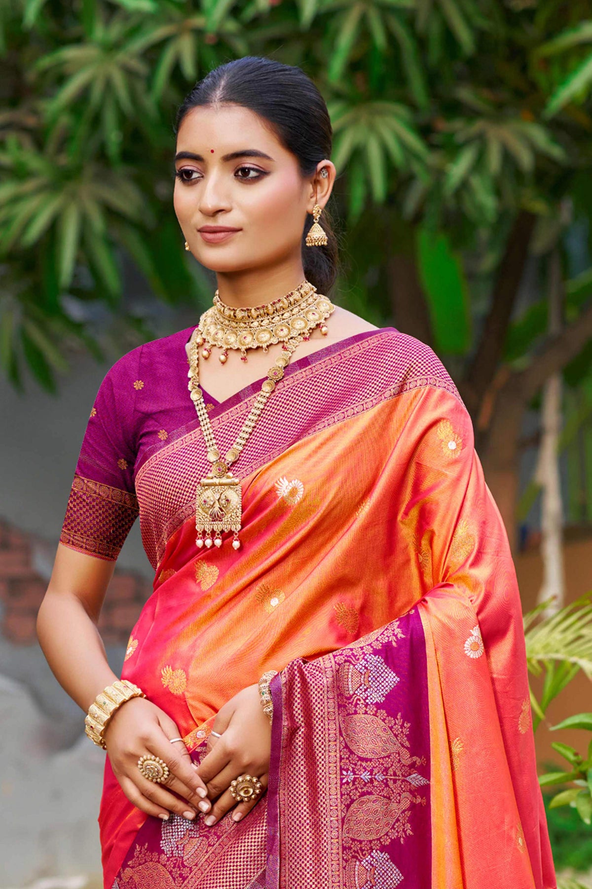 Sangam Prints Coral Orange Soft Silk Woven Work Traditional Saree | Grocsy