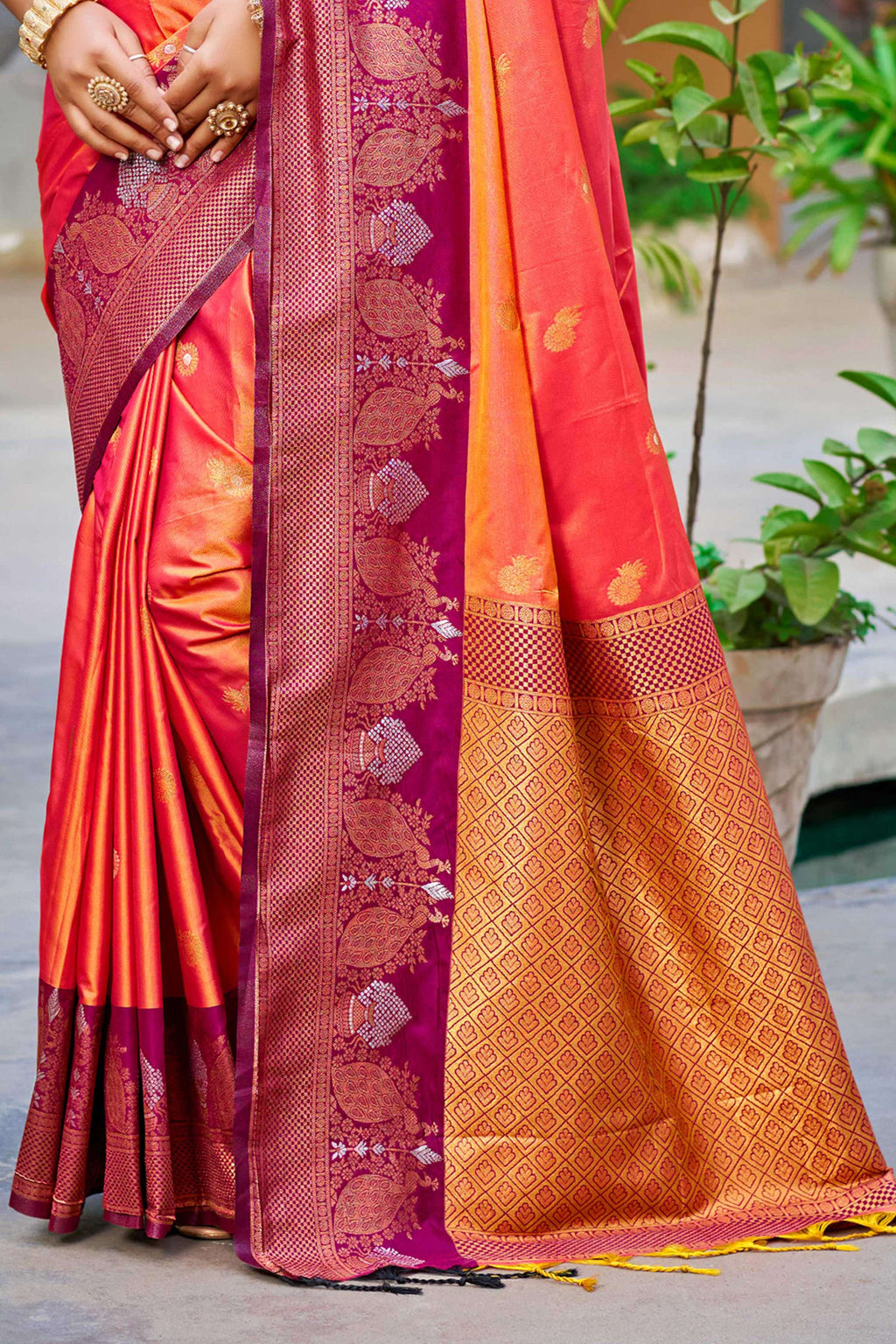 Sangam Prints Coral Orange Soft Silk Woven Work Traditional Saree | Grocsy